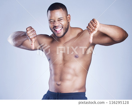 Body, portrait or fitness man with thumbs down in studio with rating, hate and dislike gesture on grey background. No, face and sports model with emoji vote, stop and feedback, review and opinion Body, portrait or fitness man with thumbs down in studio with rating, hate and dislike gesture on grey background. No, face and sports model with emoji vote, stop and feedback, review and opinion 116295128