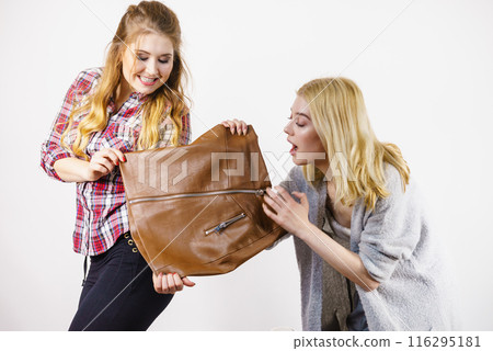 Two women being excited about brown skirt 116295181