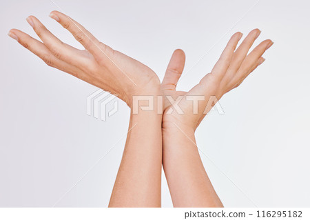 Mockup, skincare and hands of girl in studio for wellness, treatment and cosmetic guide on white background. Space, dermatology or natural beauty by model person with manicure, tips and diy steps 116295182