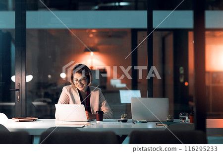 Business woman, smile and laptop in office for corporate communication, internet research and networking. Female person, technology and coffee working late night for project planning and email 116295233