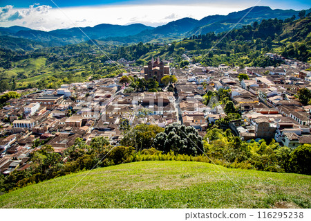 View of the beautiful Heritage Town of Jerico in the department of Antioquia. Natal town of the Saint Mother Laura Montoya. Cathedral Our Lady of Las Mercedes 116295238