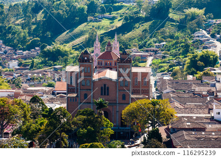 View of the beautiful Heritage Town of Jerico in the department of Antioquia. Natal town of the Saint Mother Laura Montoya. Cathedral Our Lady of Las Mercedes 116295239
