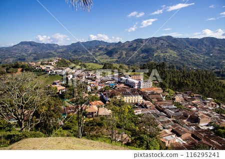 View of the beautiful Heritage Town of Jerico in the department of Antioquia. Natal town of the Saint Mother Laura Montoya. 116295241