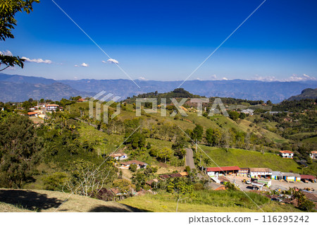 View of the beautiful mountains around the Heritage Town of Jerico in the department of Antioquia. Natal town of the Saint Mother Laura Montoya. 116295242