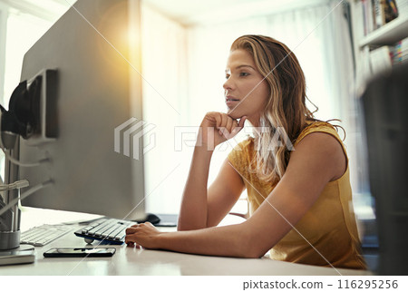 Woman, computer and thinking with remote work from home office with planning, review and editing for ebook. Person, author and writer with ideas, proofreading and inspiration for story development Woman, computer and thinking with remote work from home office with planning, review and editing for ebook. Person, author and writer with ideas, proofreading and inspiration for story development 116295256