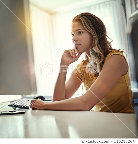 Woman, computer and reading with remote work from home office with thinking, review or editing for online job. Person, writer and ideas for proofreading, inspiration or freelance copywriting in house Woman, computer and reading with remote work from home office with thinking, review or editing for online job. Person, writer and ideas for proofreading, inspiration or freelance copywriting in house 116295264