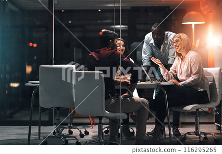 Laptop, window and business people with meeting at night for brainstorming, research or project plan. Creative team, developer and discussion with tech for software development, overtime or ux review Laptop, window and business people with meeting at night for brainstorming, research or project plan. Creative team, developer and discussion with tech for software development, overtime or ux review 116295265