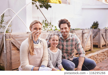 Portrait, garden or mother with father or child learning sustainability or smile for eco friendly. Parents, family and mom with dad, kid and girl in nature, farm or backyard for outdoor agriculture Portrait, garden or mother with father or child learning sustainability or smile for eco friendly. Parents, family and mom with dad, kid and girl in nature, farm or backyard for outdoor agriculture 116295266
