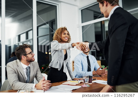 Business people, handshake and meeting success, hiring or onboarding at night with b2b collaboration and team work. Accounting group, woman and clients shaking hands for agreement and deal at night Business people, handshake and meeting success, hiring or onboarding at night with b2b collaboration and team work. Accounting group, woman and clients shaking hands for agreement and deal at night 116295267