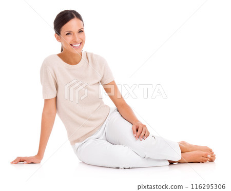Fashion, portrait and happy woman relax on floor in studio, white background and mock up space. Calm, model and artist sitting with casual or creative style for work with a smile on face with beauty Fashion, portrait and happy woman relax on floor in studio, white background and mock up space. Calm, model and artist sitting with casual or creative style for work with a smile on face with beauty 116295306