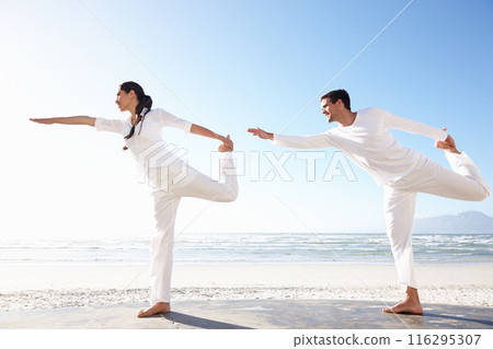 Pilates, beach and yoga with couple, wellness and bonding together with vacation and healthy activity. People, outdoor and man with woman and breathing with chakra and zen with fitness and seaside Pilates, beach and yoga with couple, wellness and bonding together with vacation and healthy activity. People, outdoor and man with woman and breathing with chakra and zen with fitness and seaside 116295307