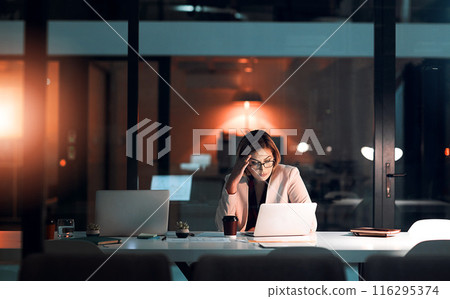 Business woman, stress and laptop in office for corporate communication, internet research and networking. Female person, technology and frustrated working late night for project planning and email 116295374