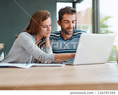 House, couple and laptop for finance, reading and planning for budget, mortgage payment and research for life insurance. Accounting, apartment and man with woman, computer and income with investment House, couple and laptop for finance, reading and planning for budget, mortgage payment and research for life insurance. Accounting, apartment and man with woman, computer and income with investment 116295389