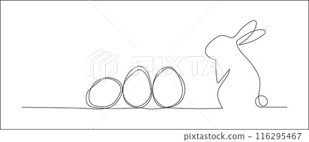 One continuous line drawing of Easter eggs and rabbit. Greeting banner design with bunny and ears in simple linear style 116295467