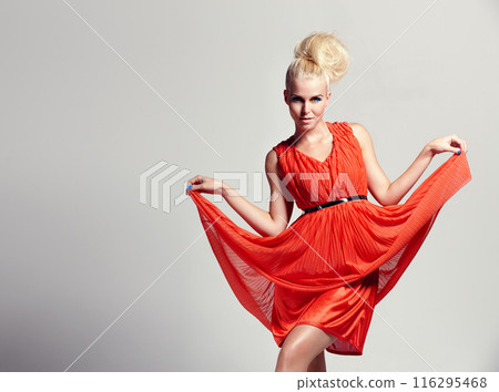 Dress, portrait and woman with red fashion for unique style, runway pose and magazine cover with studio mockup. Model, lady and bold clothes for designer brand or luxury aesthetic by white background Dress, portrait and woman with red fashion for unique style, runway pose and magazine cover with studio mockup. Model, lady and bold clothes for designer brand or luxury aesthetic by white background 116295468