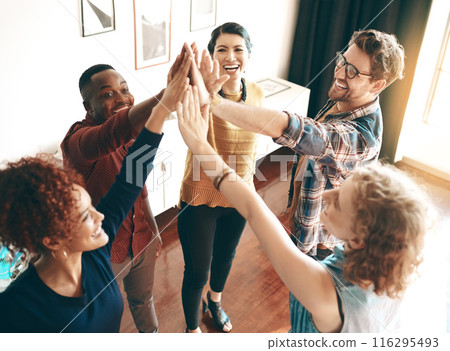 Business people, group high five and celebration together for collaboration and project success in agency. Staff support, solidarity and hand connection for achievement and cooperation with trust Business people, group high five and celebration together for collaboration and project success in agency. Staff support, solidarity and hand connection for achievement and cooperation with trust 116295493