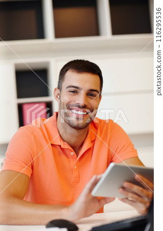 Happy man, portrait or tablet in office on finance app for ecommerce, planning for company or startup business. Smile, entrepreneur or freelance trader on touchscreen, stock market and networking 116295536