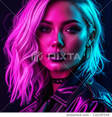 Woman with pink hair and black lipstick. 116295548