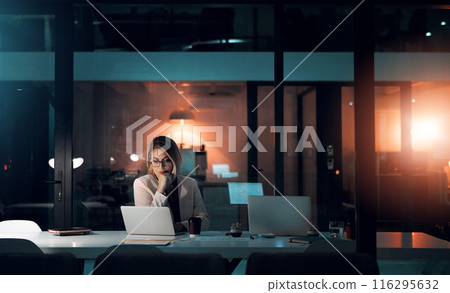 Business woman, stress and laptop in office for corporate communication, internet research and networking. Female person, technology and frustrated working late night for project planning and email Business woman, stress and laptop in office for corporate communication, internet research and networking. Female person, technology and frustrated working late night for project planning and email 116295632