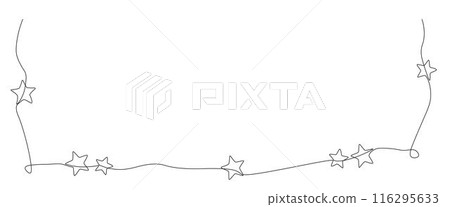 One continuous line drawing border with stars. Festive break line with flourish pattern in simple linear style. One continuous line drawing border with stars. Festive break line with flourish pattern in simple linear style. 116295633