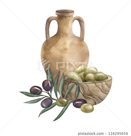 Greek amphora, olives fruit, branch, wooden cup. The illustration is hand-drawn in watercolor, isolated on a white background. It is suitable for interior design, holiday, cards, invitations, poster. 116295658