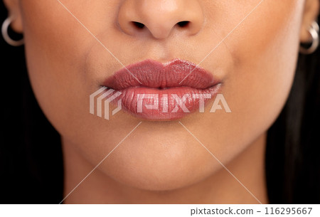 Woman, mouth and lipgloss for beauty in studio, textures and skincare on black background. Female person, lips and shine for filler or dermatology, treatment and skin textures for grooming or glow 116295667