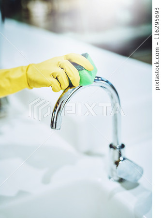 Cleaning, hand and tap with person in bathroom of home closeup for chores, housework or hygiene. Gloves, scrub and sponge with cleaner in apartment for housekeeping, room service or washing faucet 116295693