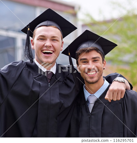 Men, friends and portrait for university graduation on campus with celebration, success and completion for qualification. Happy, college and classmate with smile or confident with hug and joy 116295701