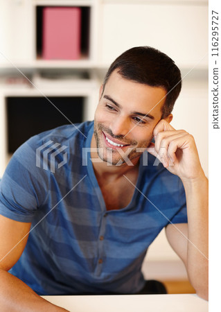 Thinking, relax and man with smile in home for weekend, peace and memory or day dream. Male person, remember and happy in lounge for idea, decision and choice in apartment with pride or confidence Thinking, relax and man with smile in home for weekend, peace and memory or day dream. Male person, remember and happy in lounge for idea, decision and choice in apartment with pride or confidence 116295727