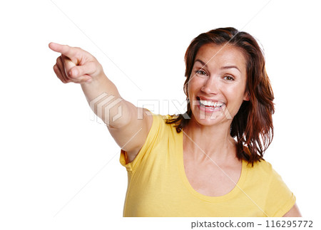 Woman, pointing and portrait in studio with mockup space for advertising and choice or decision. Female person, happiness and excited with hand for news, presentation and review by white background Woman, pointing and portrait in studio with mockup space for advertising and choice or decision. Female person, happiness and excited with hand for news, presentation and review by white background 116295772