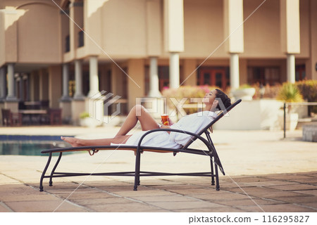 Spa, woman and beauty for health, body care and happiness in zen, peace and healing for luxury. Female person, outdoor and detox for wellness with smile, calm and relaxation on vacation in Bali 116295827