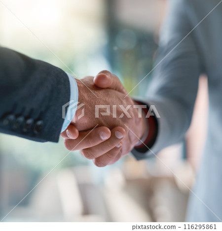 Meeting, handshake and business people in office for support, welcome or onboarding for b2b collaboration. Partnership, teamwork and shaking hands for agreement, consulting or introduction with deal 116295861