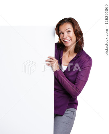 Mockup, smile and portrait of woman with poster in studio with space for advertising, marketing or promotion. Billboard, happy and female person with blank paper for sign isolated by white background Mockup, smile and portrait of woman with poster in studio with space for advertising, marketing or promotion. Billboard, happy and female person with blank paper for sign isolated by white background 116295869