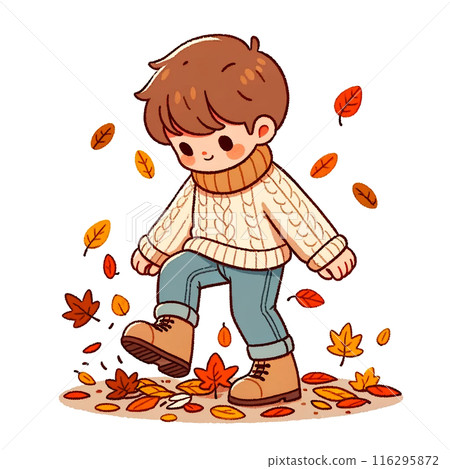 Boy playing with fallen leaves Boy playing with fallen leaves 116295872