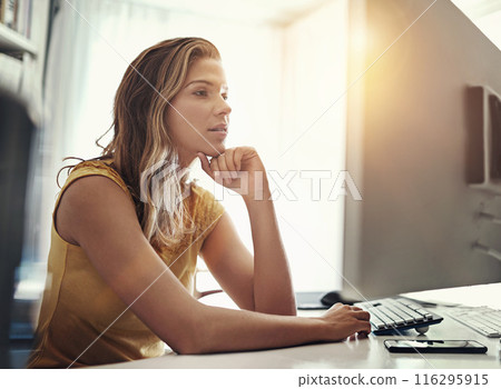Thinking, reading and business woman in home office for remote work project, planning and b2b, networking or communication. Pc, search and girl entrepreneur online for startup, research or solution Thinking, reading and business woman in home office for remote work project, planning and b2b, networking or communication. Pc, search and girl entrepreneur online for startup, research or solution 116295915