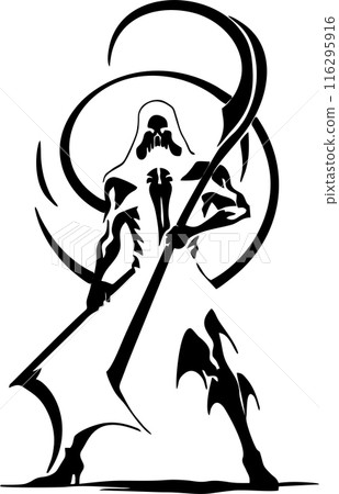 Black graphic silhouette of the reaper of death, badge, logo, tattoo Black graphic silhouette of the reaper of death, badge, logo, tattoo 116295916