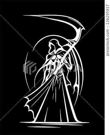 Black graphic silhouette of the reaper of death, badge, logo, tattoo Black graphic silhouette of the reaper of death, badge, logo, tattoo 116295917