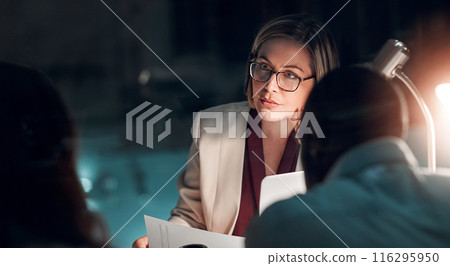 Night, meeting and businesswoman in office with partner, documents and planning in corporate workplace. Female lawyer, legal team or overworked with staff for review, discussion or strategy for court Night, meeting and businesswoman in office with partner, documents and planning in corporate workplace. Female lawyer, legal team or overworked with staff for review, discussion or strategy for court 116295950