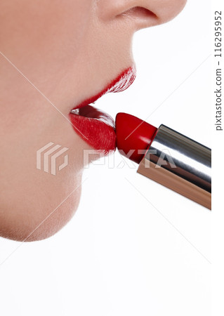 Woman, beauty and mouth for lipstick in studio, makeup and cosmetics for care on white background. Female person, red and skincare or silver tube, grooming and application of gloss or skin treatment 116295952