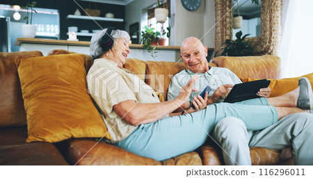 Senior couple, phone and texting on couch with tablet, choice or click for video, download or search in home. Elderly woman, man and smartphone on lounge sofa with discussion for chat on social media Senior couple, phone and texting on couch with tablet, choice or click for video, download or search in home. Elderly woman, man and smartphone on lounge sofa with discussion for chat on social media 116296011