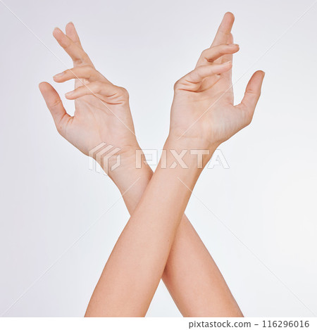 Mockup, nails and hands of woman in studio for wellness, treatment and cosmetic guide on white background. Space, dermatology or natural beauty by model with manicure, tips and diy skincare steps 116296016