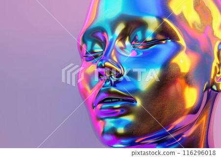 Vibrant 3D rendering of colorful female head with metallic cast, high resolution holographic background 116296018