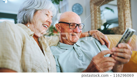 Senior couple, phone and relax on sofa for hug, choice and help with video, download and streaming in home. Elderly woman, man and smartphone on couch in lounge with thinking for post on social media Senior couple, phone and relax on sofa for hug, choice and help with video, download and streaming in home. Elderly woman, man and smartphone on couch in lounge with thinking for post on social media 116296069