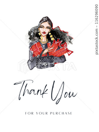 Thank you for your purchase card with watercolor woman. Fashion illustration 116296090