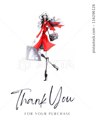 Thank you for your purchase card with watercolor woman. Fashion illustration Thank you for your purchase card with watercolor woman. Fashion illustration 116296126