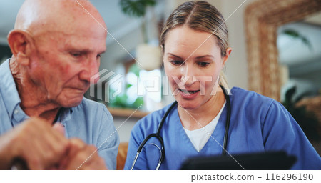 Senior man, nurse and tablet for results in home, healthcare and talking on recovery treatment. Caregiver, consulting and old person for online assessment, insurance and planning for medical service 116296190
