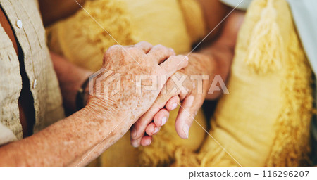 Senior couple, sofa and holding hands for love, care or support with health, wellness or grief at home. Elderly people with empathy, kindness and faith or hope and comfort for news of cancer on couch 116296207
