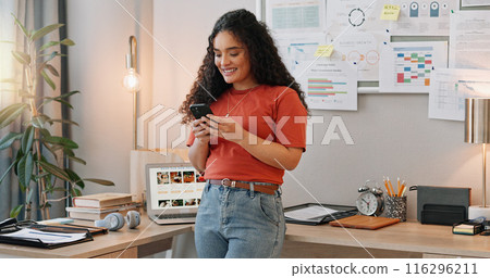 Girl, office and happy for typing on smartphone for online emails, networking and small business planning. Woman, cellphone and internet with connectivity for communication, messaging and work. Girl, office and happy for typing on smartphone for online emails, networking and small business planning. Woman, cellphone and internet with connectivity for communication, messaging and work. 116296211