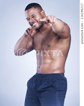 Happy, portrait and fitness man with peace hand pointing at you in studio for training, wellness and abs progress on grey background. Sports, face and athlete with emoji for gym, sign up or challenge Happy, portrait and fitness man with peace hand pointing at you in studio for training, wellness and abs progress on grey background. Sports, face and athlete with emoji for gym, sign up or challenge 116296217
