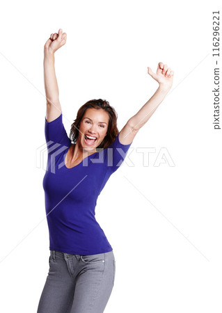 Winner, excited and portrait of woman for achievement or success in studio with smile and pride. Celebrate, female person and wow emoji for good news and review by white background for mockup space 116296221